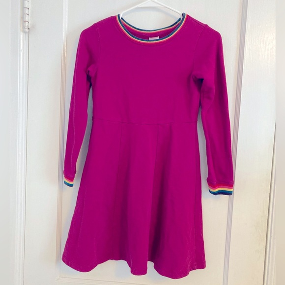 Hanna Andersson fushia French terry long sleeve dress with rainbow stripe trim - Picture 1 of 4